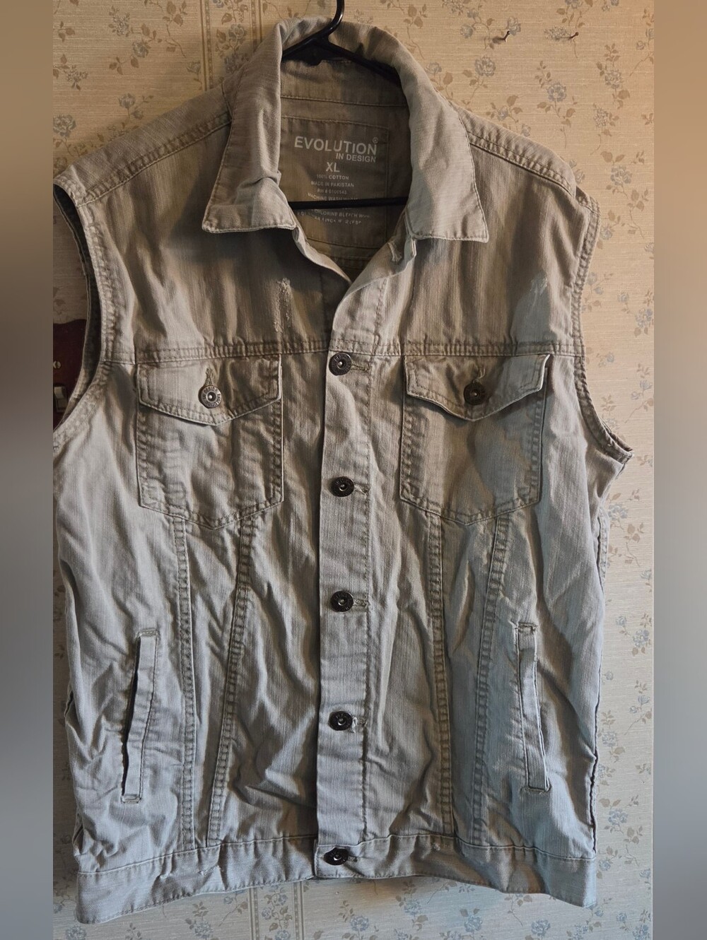 Evolution In Design Light Gray Distressed Sleeveless Button-Up Denim Vest